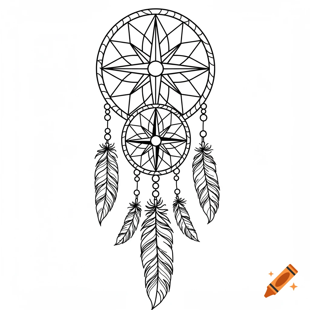 Black and white line art of a dreamcatcher with a compass in the center and hanging feathers, in a stencil style.