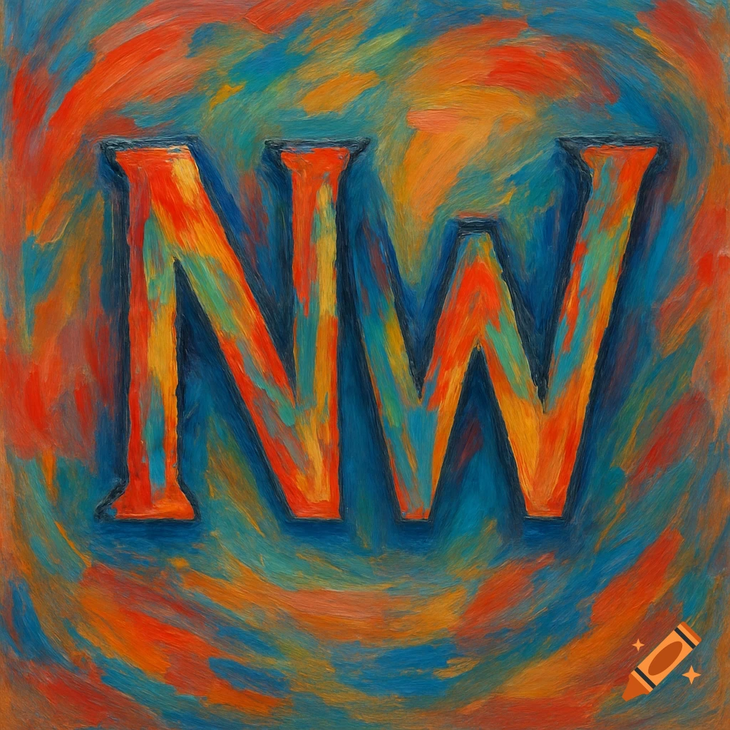 The letters NW in bold orange, red, yellow, and blue colors with a swirling, textured style.