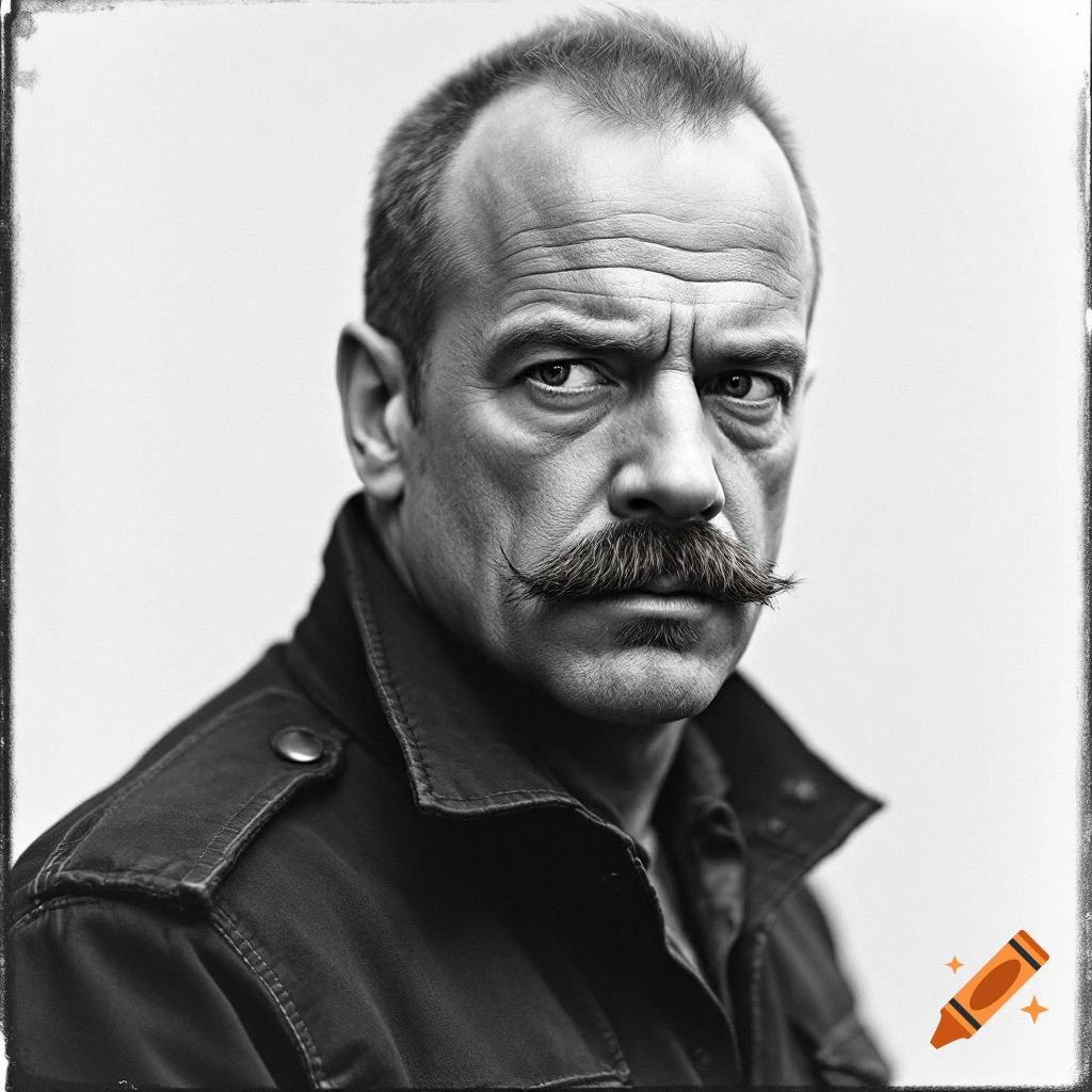 Black and white portrait of a man with a mustache