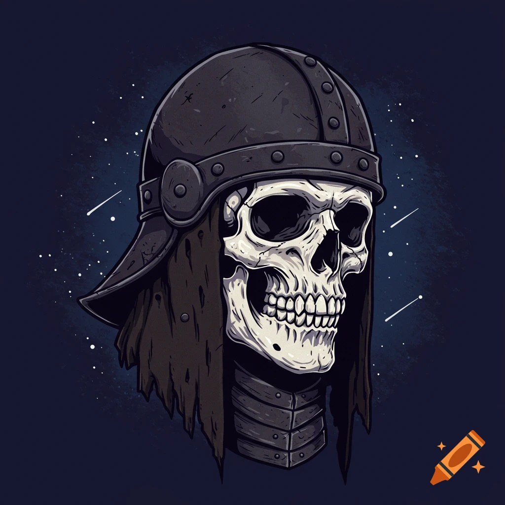 Illustration of a skull wearing a helmet and armor in space