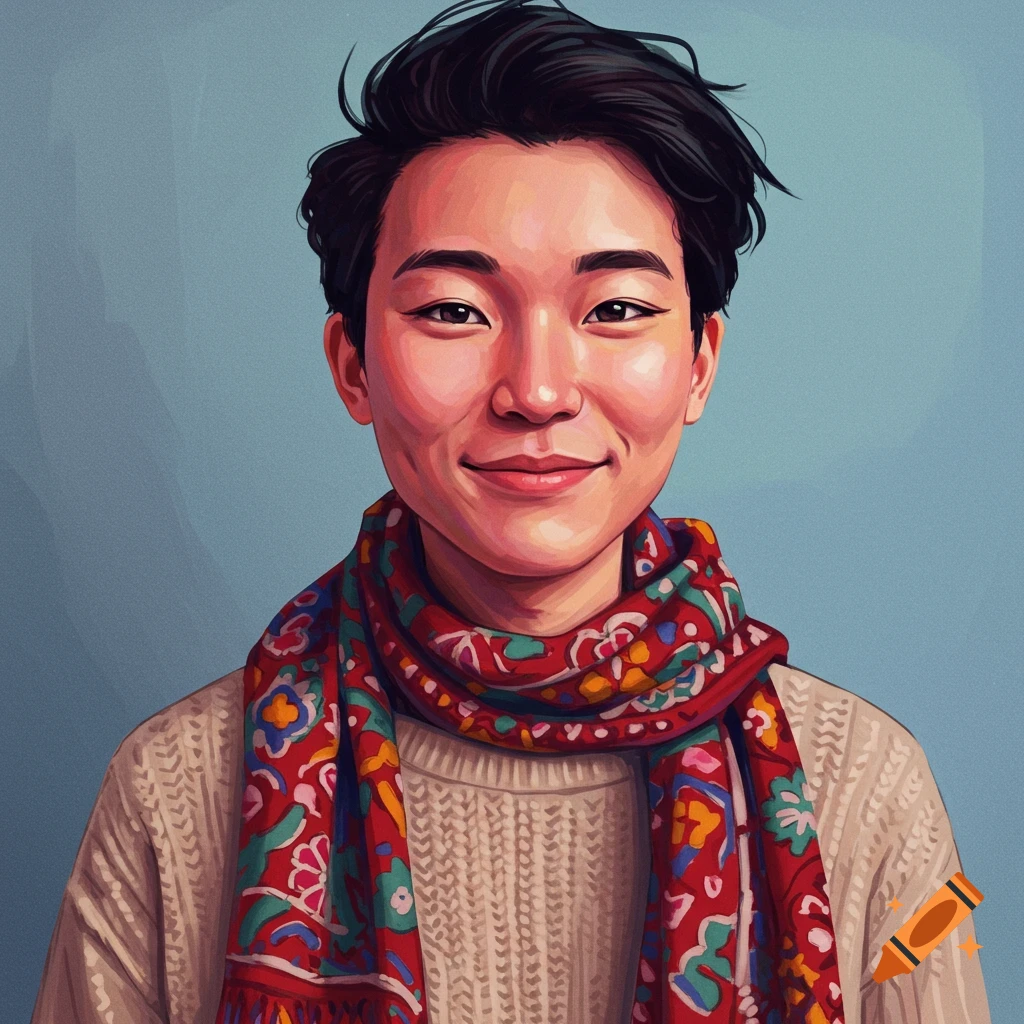 A smiling person in a colorful scarf.
