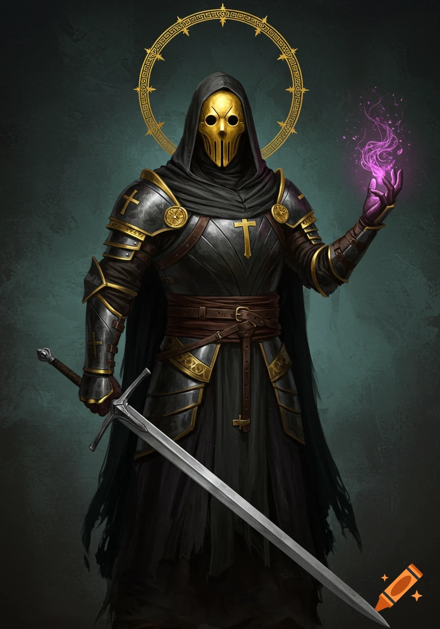 A masked knight in armor holds a sword while casting a spell.