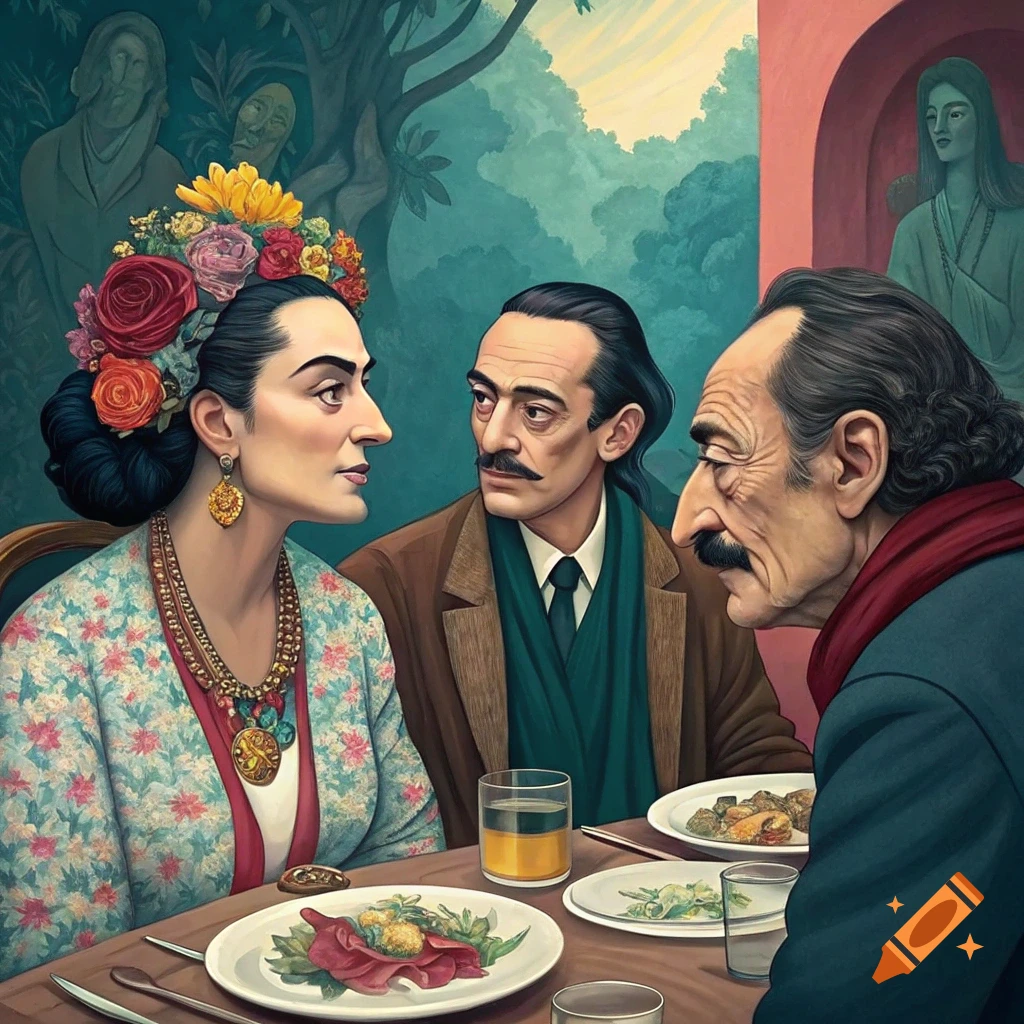 Frida Kahlo, Salvador Dali, and Pablo Picasso sit at a dining table in a stylized painting.