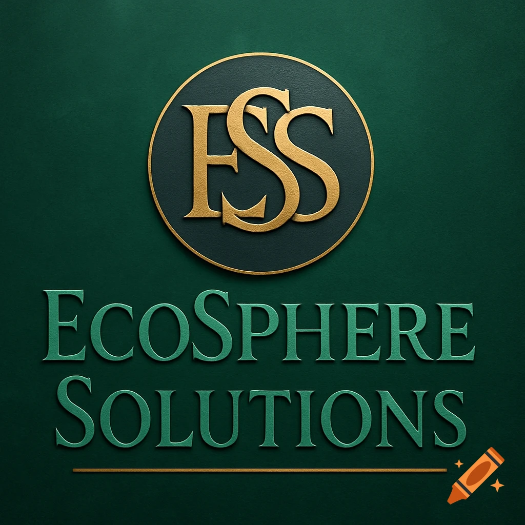 ESS logo inside a circle with the text EcoSphere Solutions below, in gold and green embossed text on a green background.