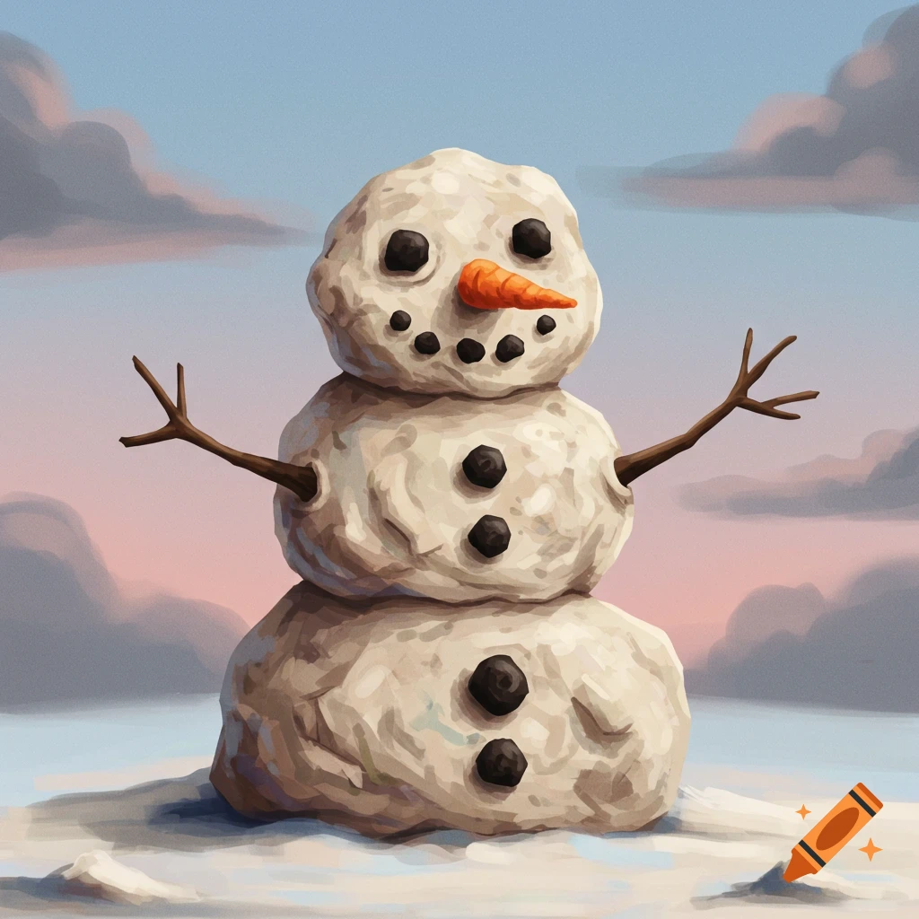 An amateur snowman with stick arms and a carrot nose under a cloudy sky.