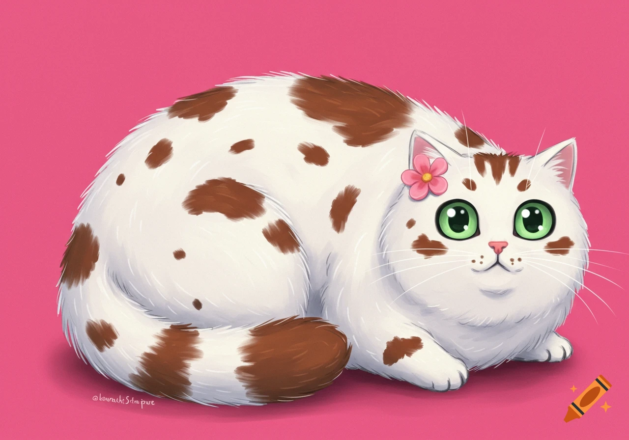 A chubby white cat with brown spots and a pink flower.