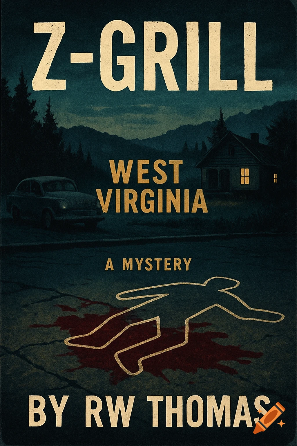Stylized book cover for a mystery novel featuring a chalk outline over blood on the ground, a car, and a rural house at night.