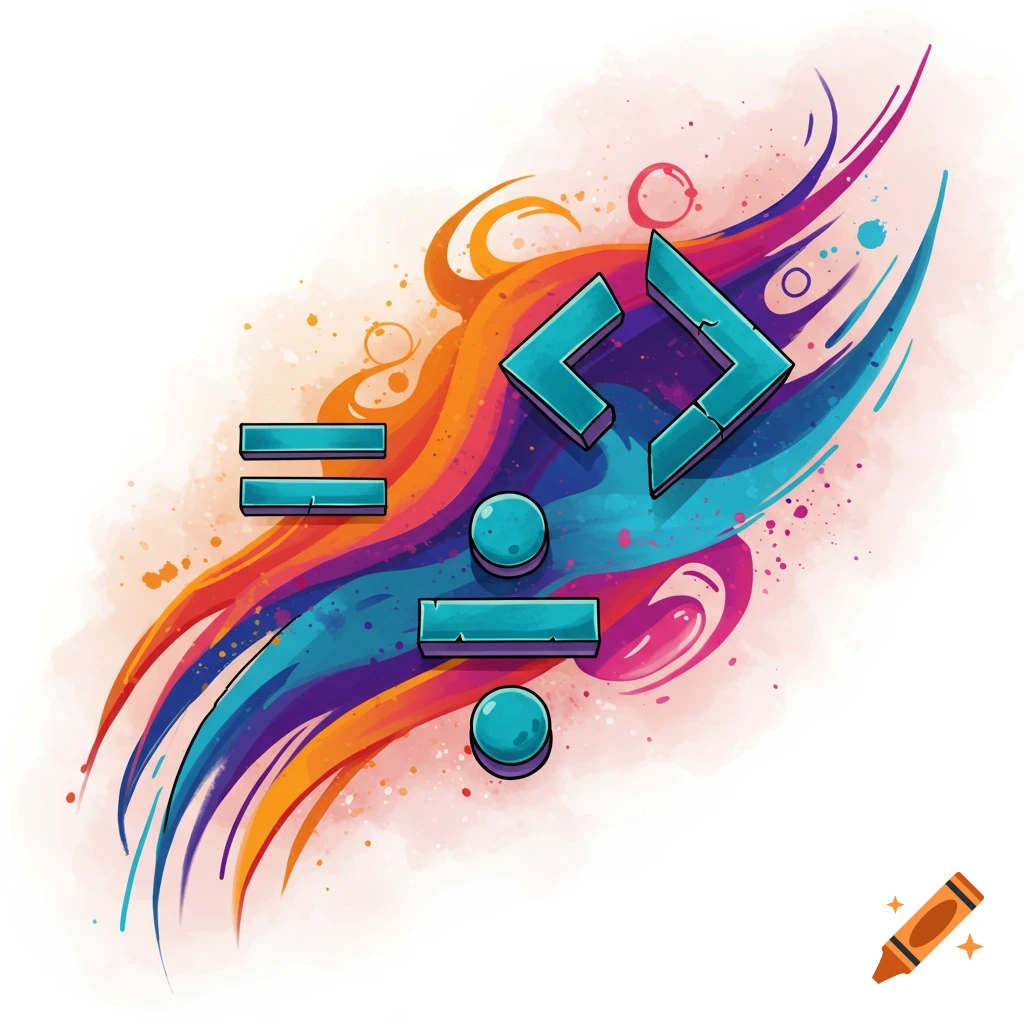 Abstract image with colourful waves and teal 3D mathematical symbols for equal, greater than, and division.
