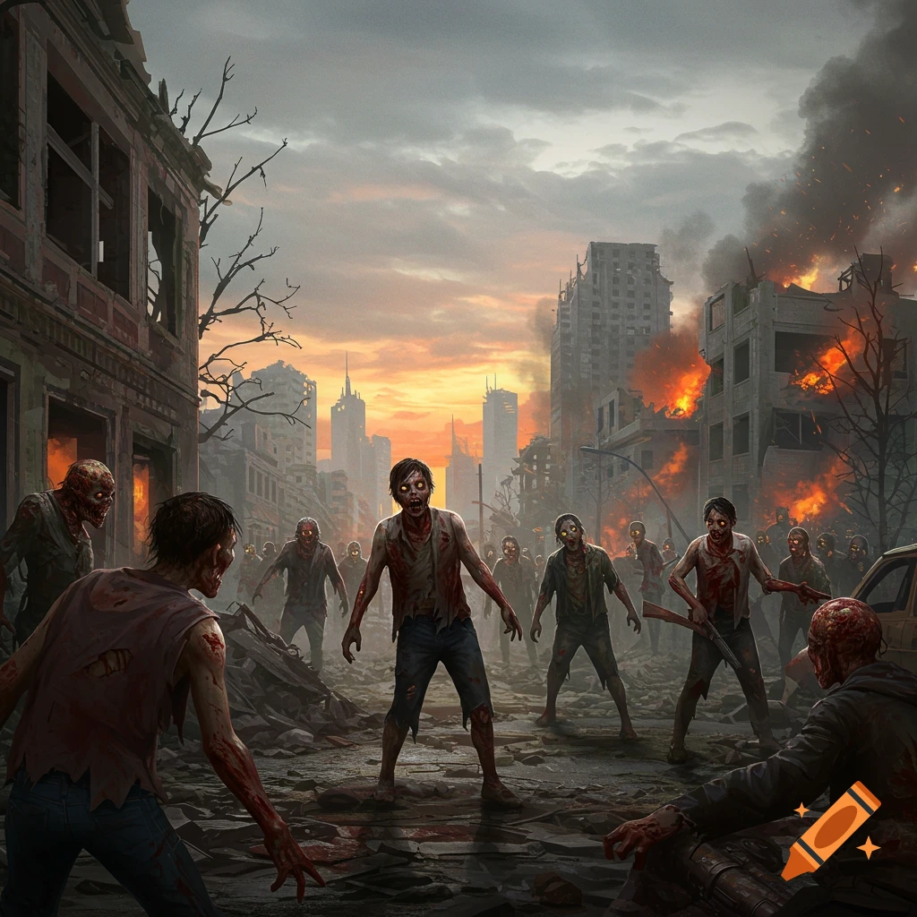 Zombies walking down a destroyed city street at sunset.