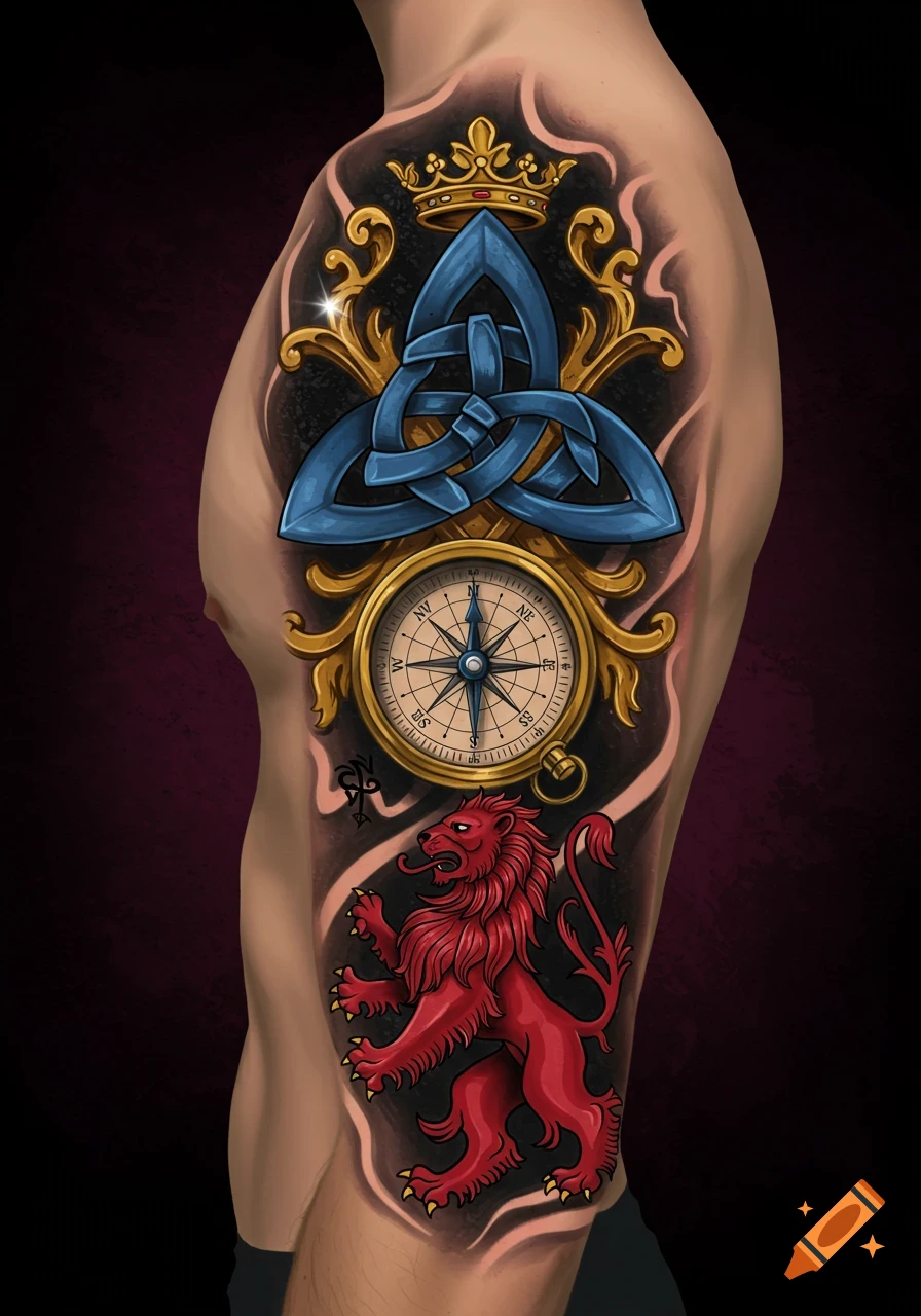 Half-sleeve tattoo featuring a blue trinity knot, compass, and red lion.