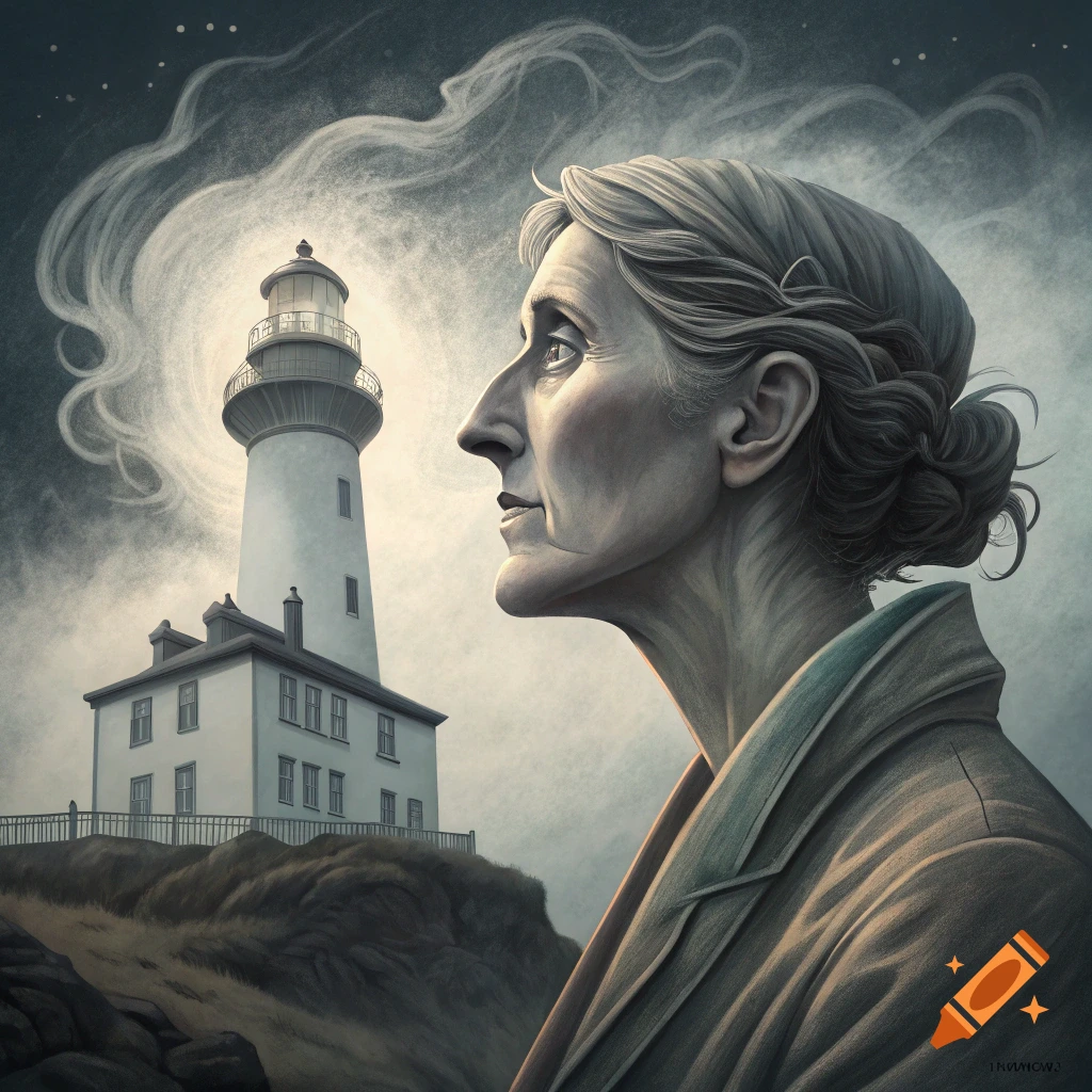 Profile portrait of an older woman looking towards a distant lighthouse under a dramatic sky.