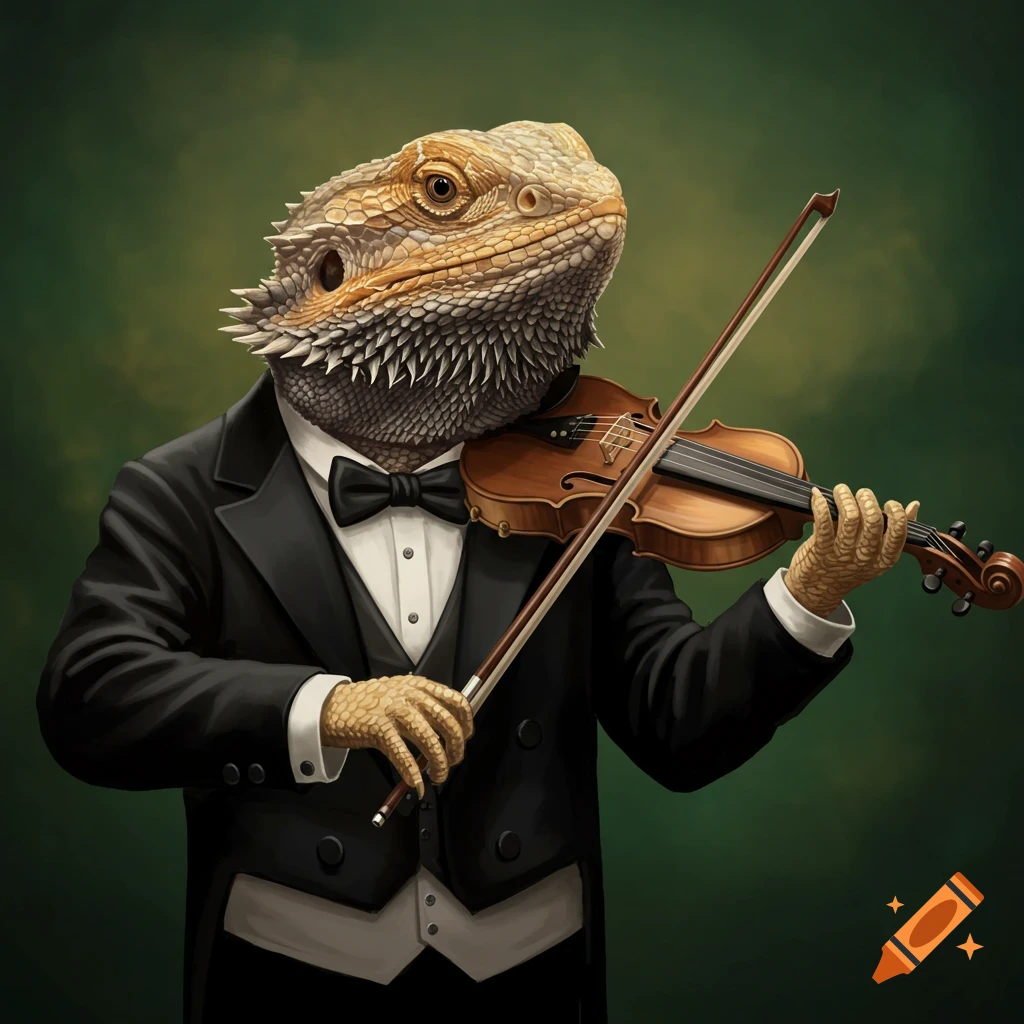 A bearded dragon playing the violin while wearing a tuxedo.