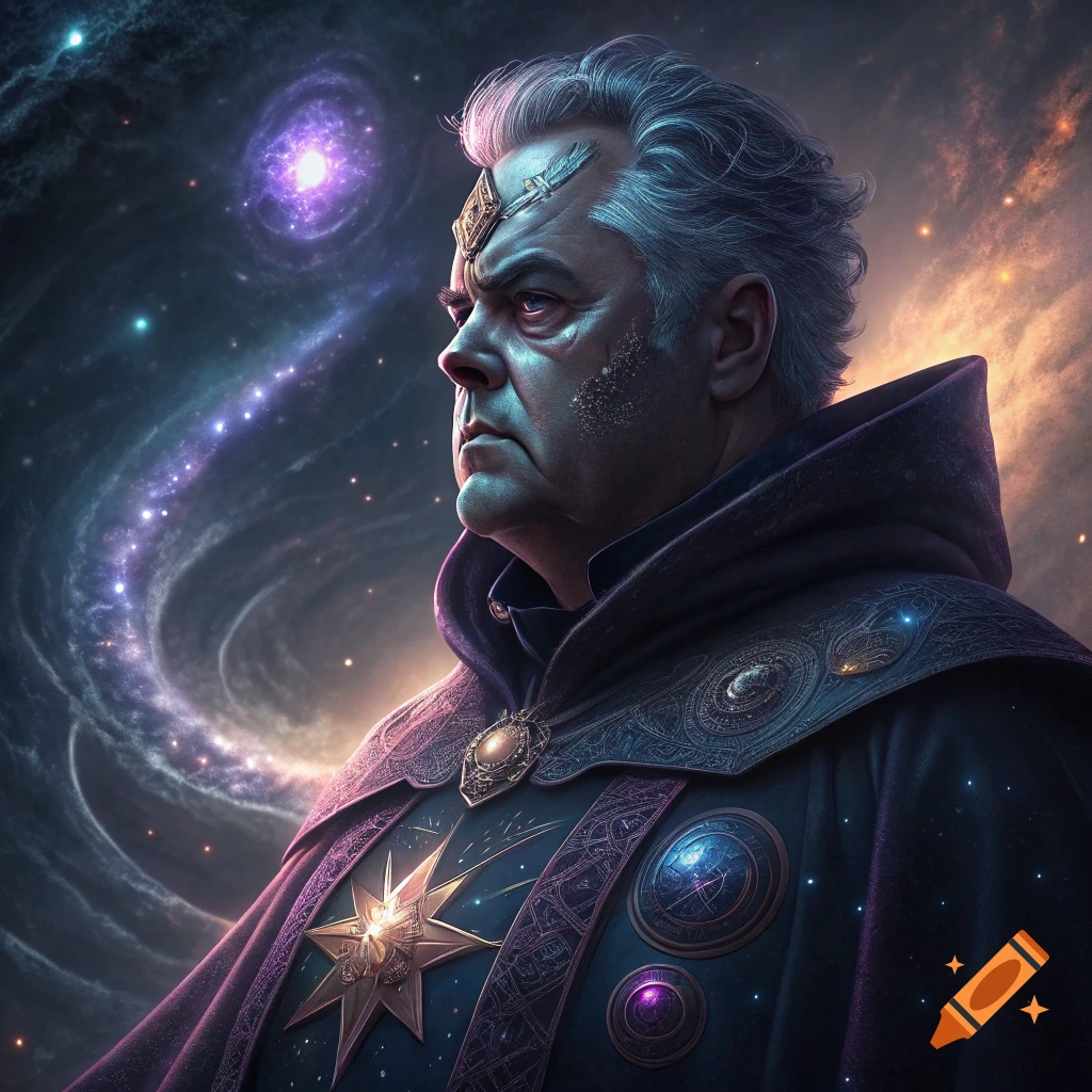 Portrait of a man in elaborate cosmic robes against a starry galaxy background.