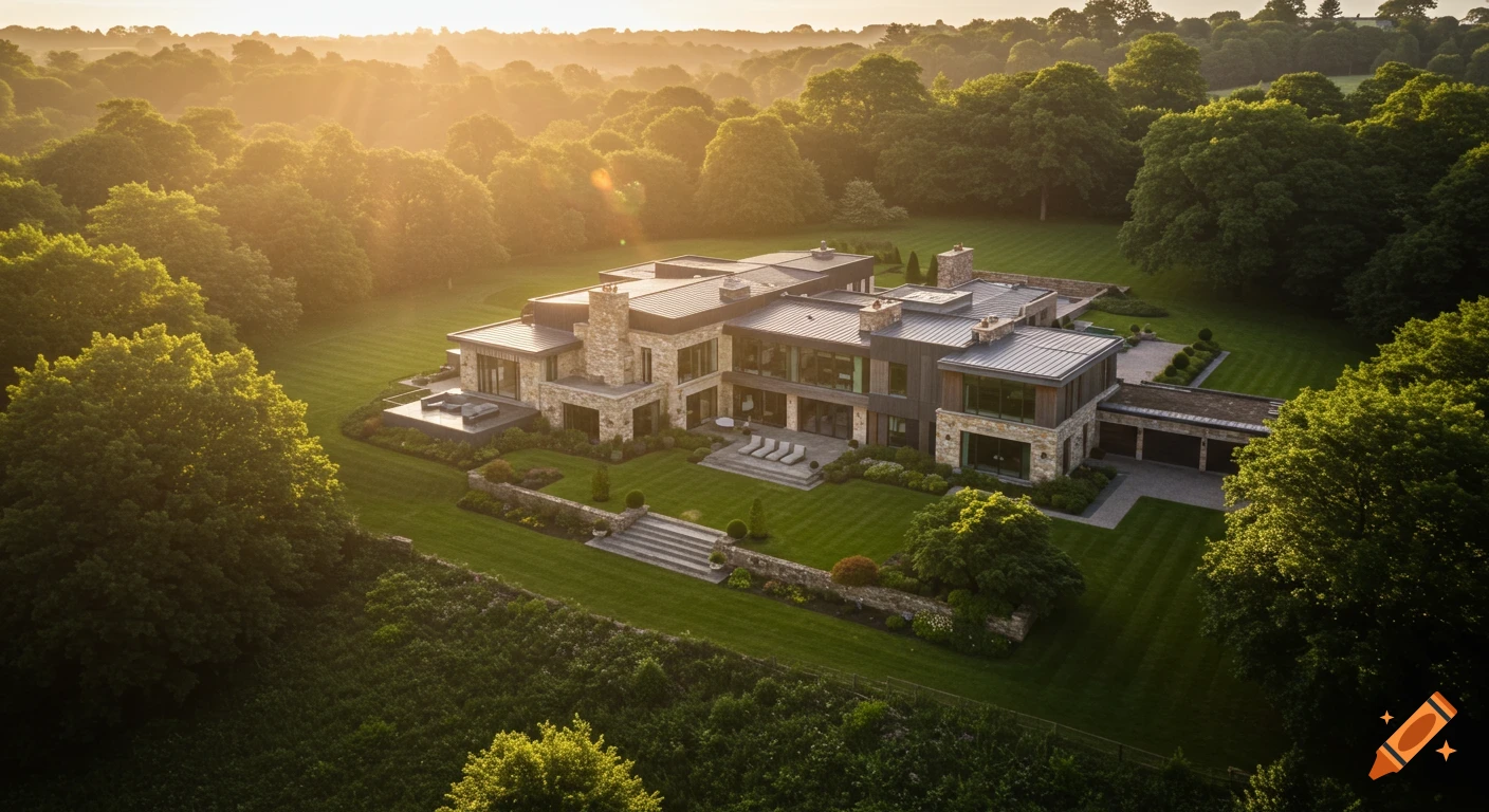 Aerial view of a modern mansion surrounded by trees and manicured lawns in the countryside at sunset.