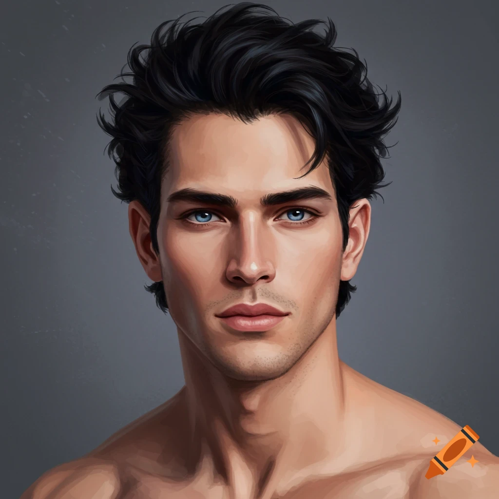 A handsome young man with black hair and blue eyes.
