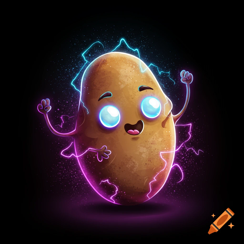 Cartoon potato character surrounded by blue and pink lightning on a black background.