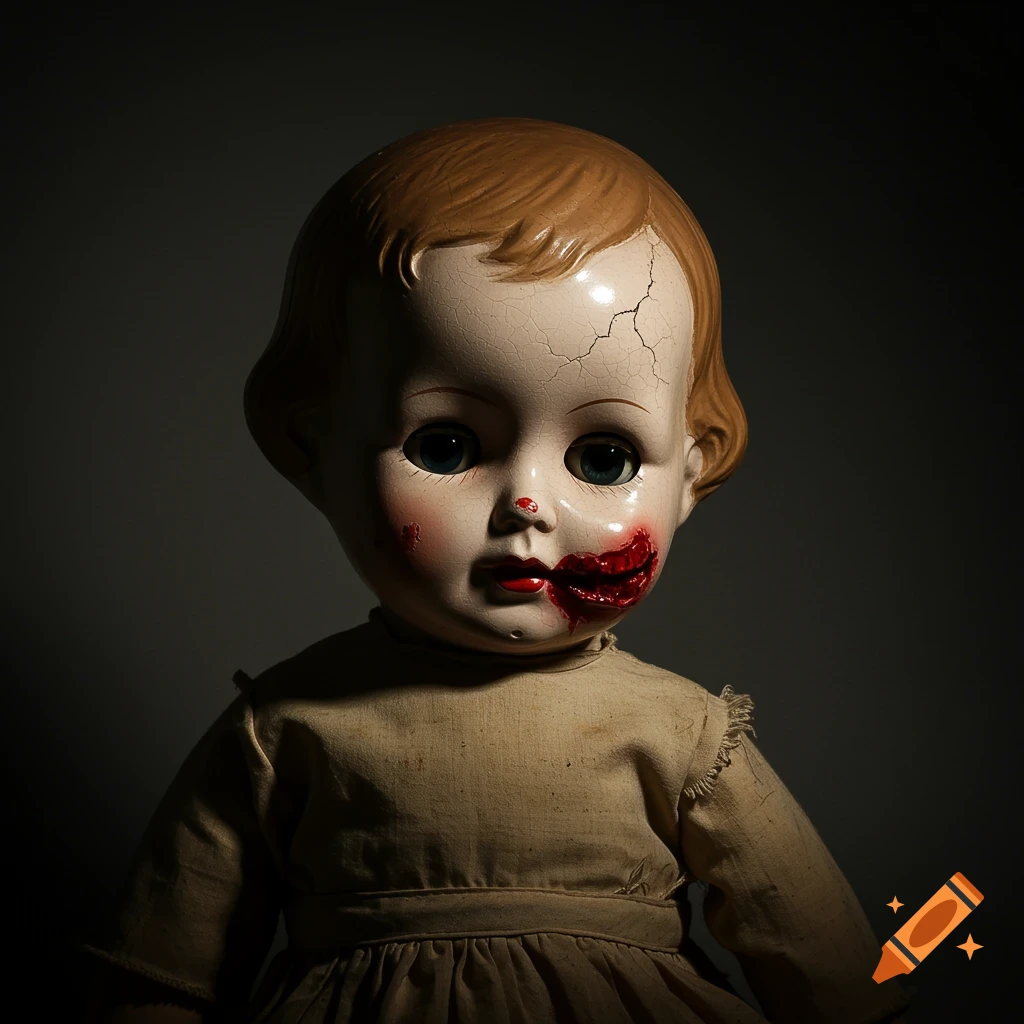 Close up of an old, cracked doll with damaged mouth and red staining, against a dark background.