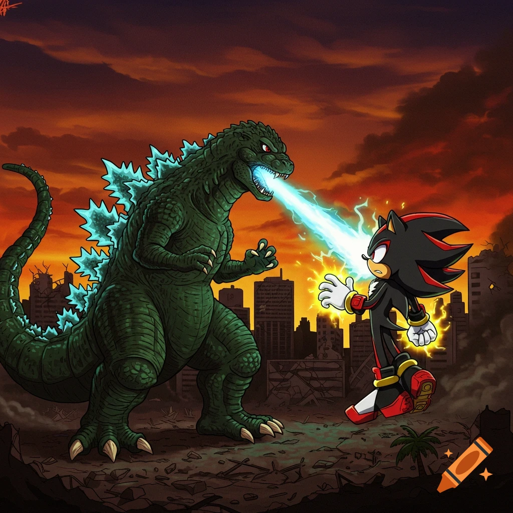 Godzilla battles Shadow the Hedgehog in a ruined city landscape