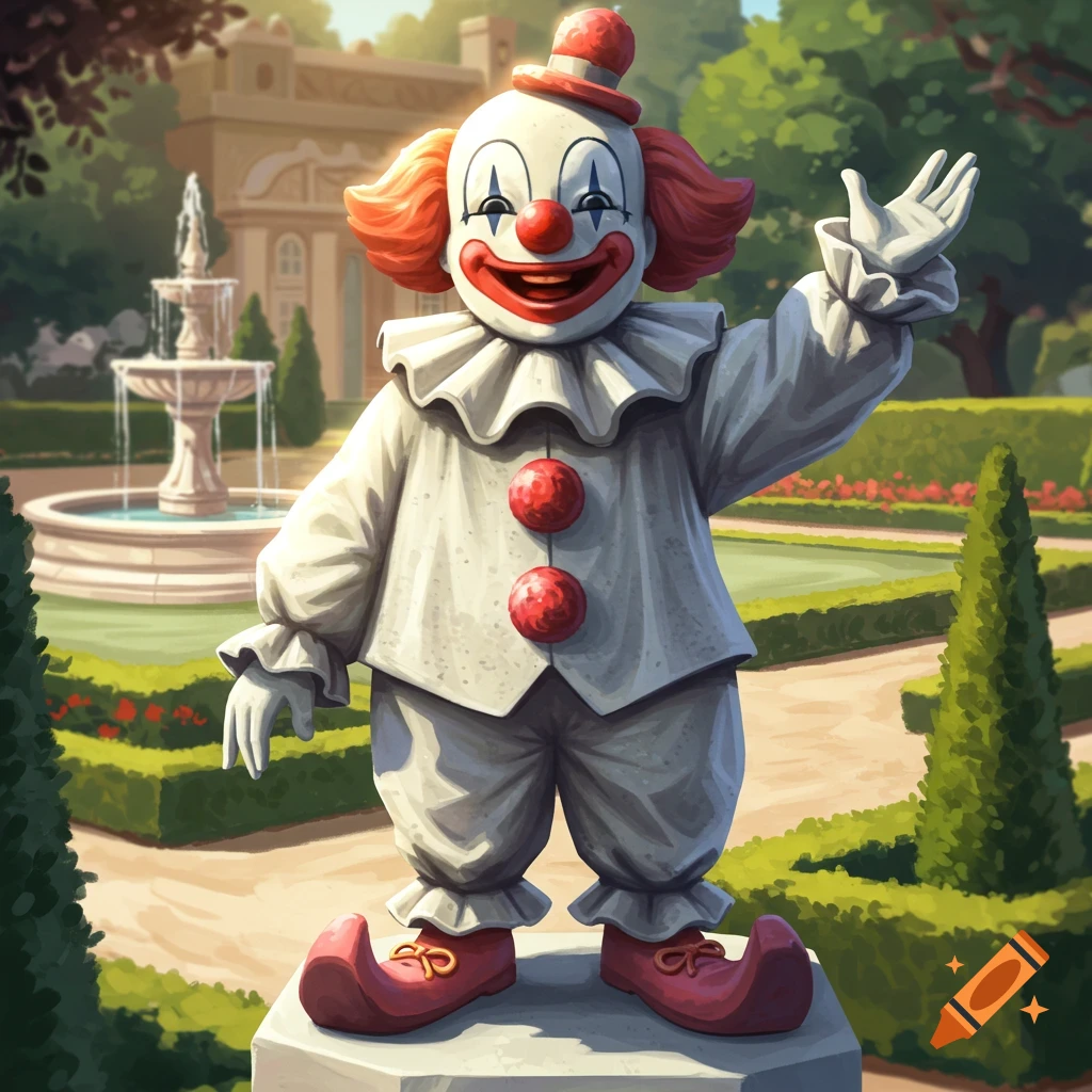 A statue of a clown in a garden with a fountain.
