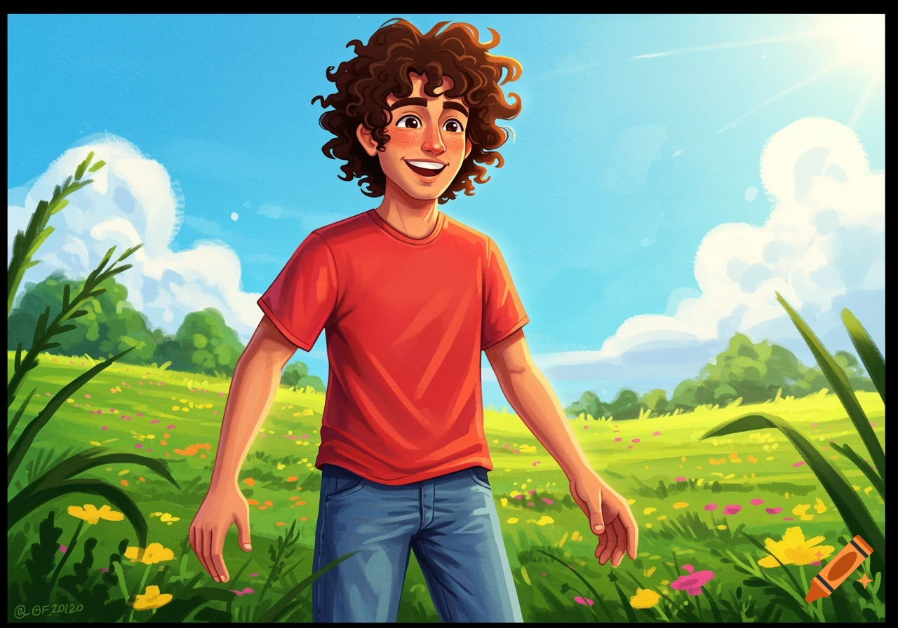A young man with curly hair in a red shirt smiles in a sunny meadow with wildflowers. Vibrant and vibrant colors.