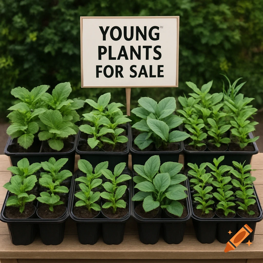 Trays of young plants with a sign that says 'Young Plants For Sale'.