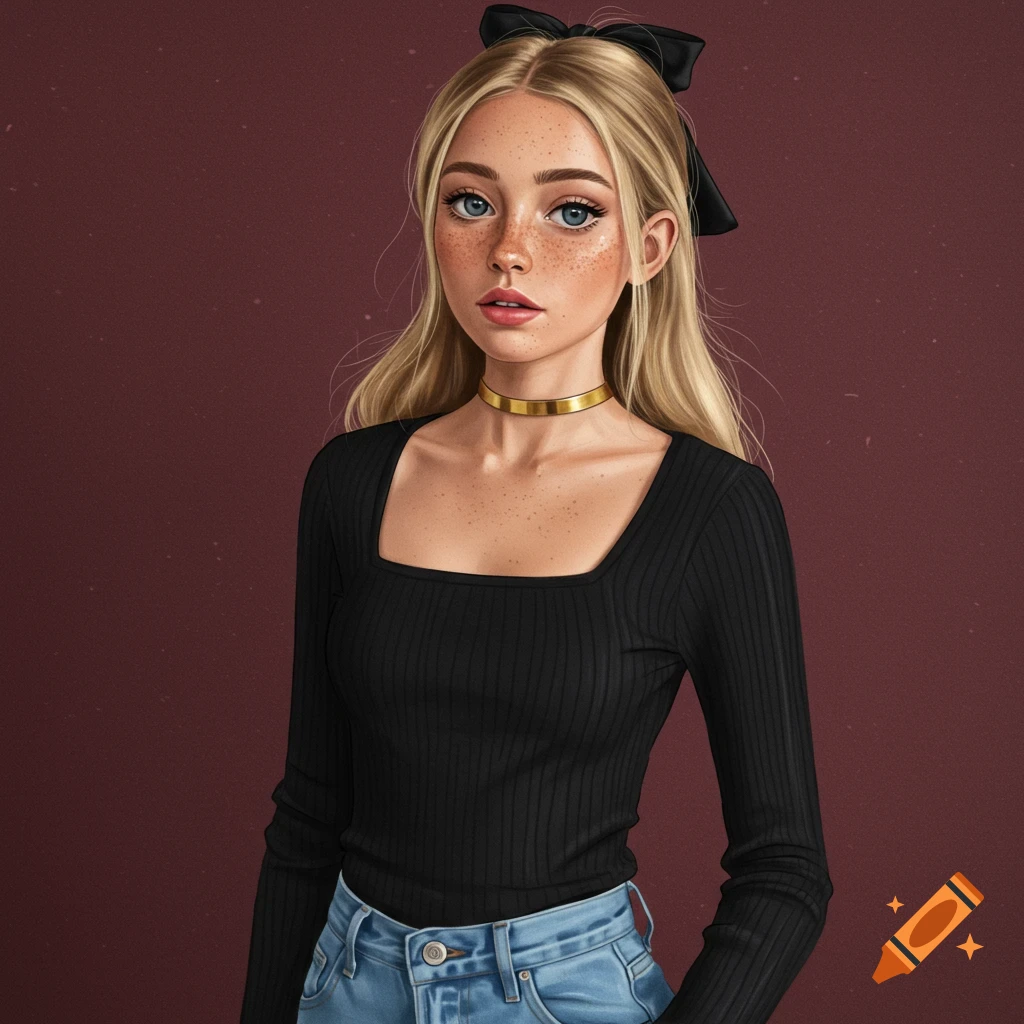 A blonde woman with freckles wearing a black top, blue jeans, and a gold choker, with a black bow in her hair.