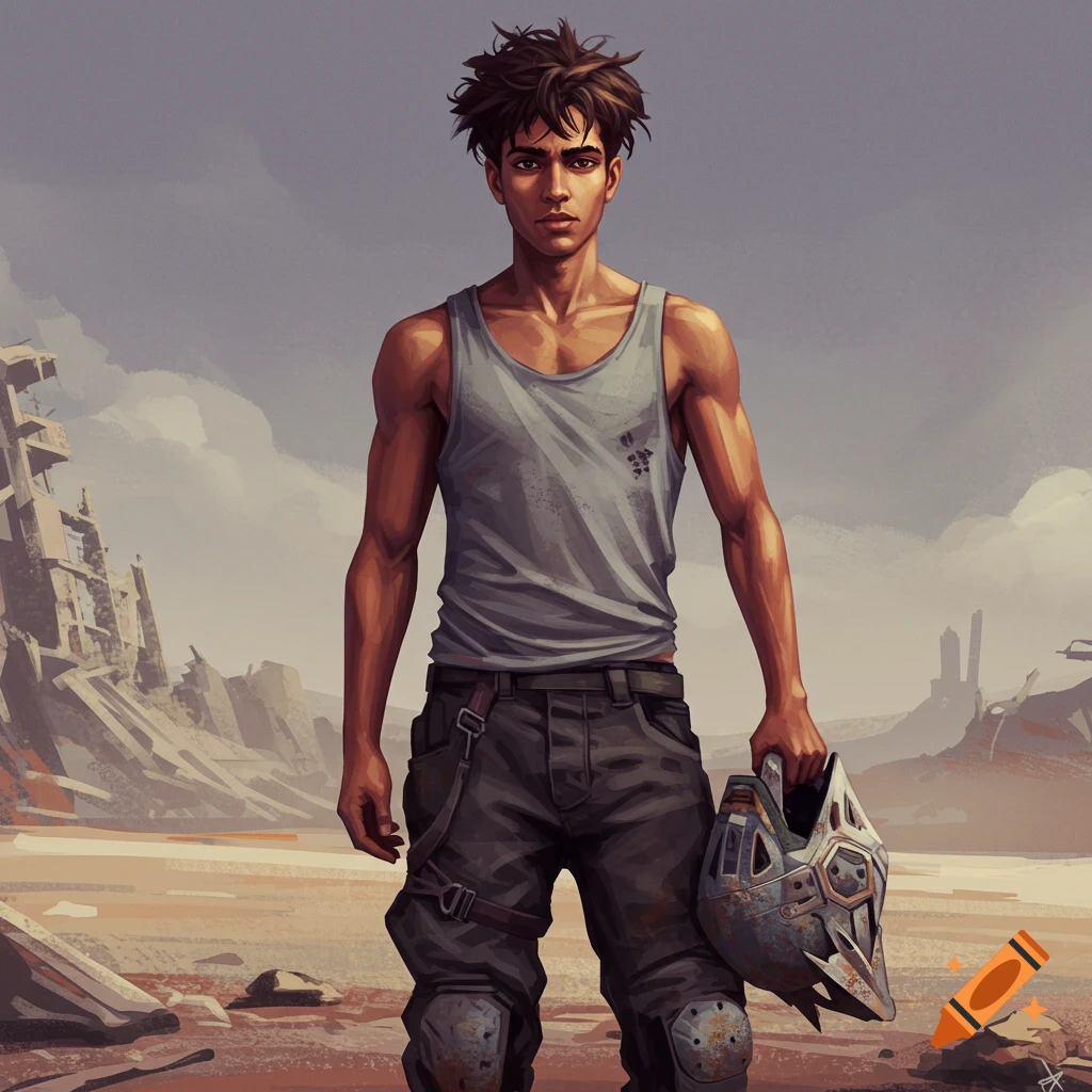 A post-apocalyptic young man in a tank top holds a helmet in a ruined landscape.