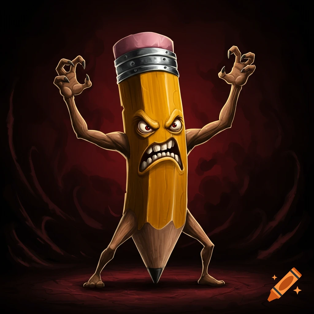 Cartoon illustration of an angry pencil character with arms raised and claws