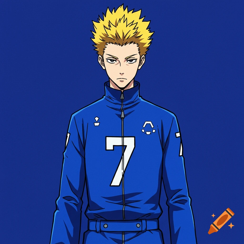 An anime man in a blue tracksuit jacket with a white number 7 on it.