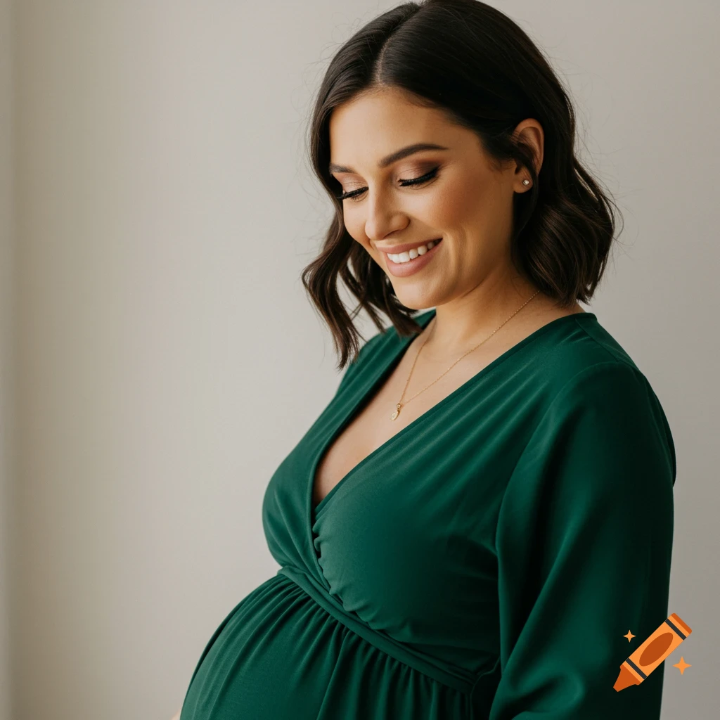 A close-up portrait of a pregnant woman smiling and looking down at her belly, wearing a green dress.