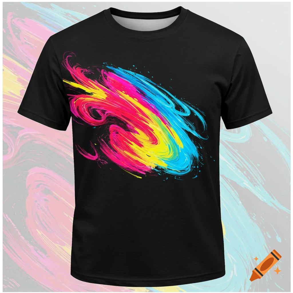 A black t-shirt with an abstract pink, yellow, and blue brushstroke design.