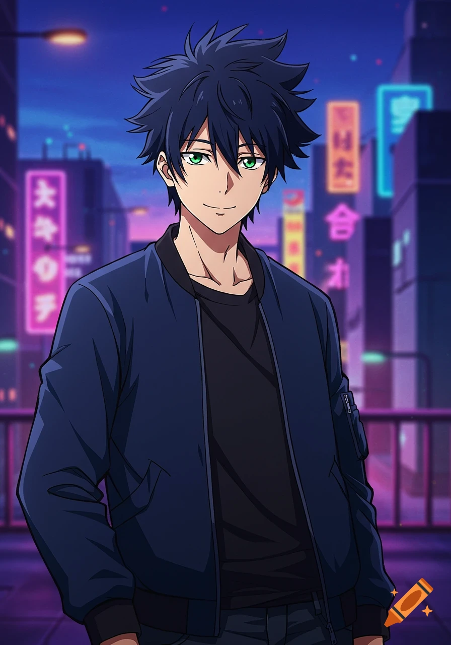 Anime male with spiky hair and green eyes in a blue bomber jacket stands against a neon city background at night.