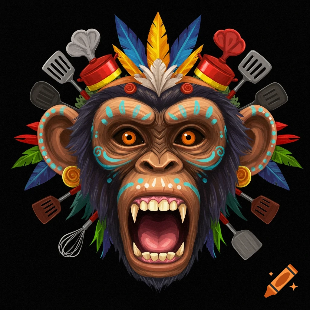 Stylized illustration of a monkey head mask with tribal paint, feathers, and cooking utensils