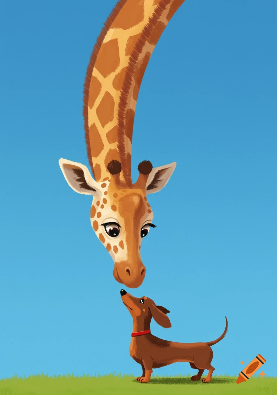 A giraffe looking down at a dachshund.