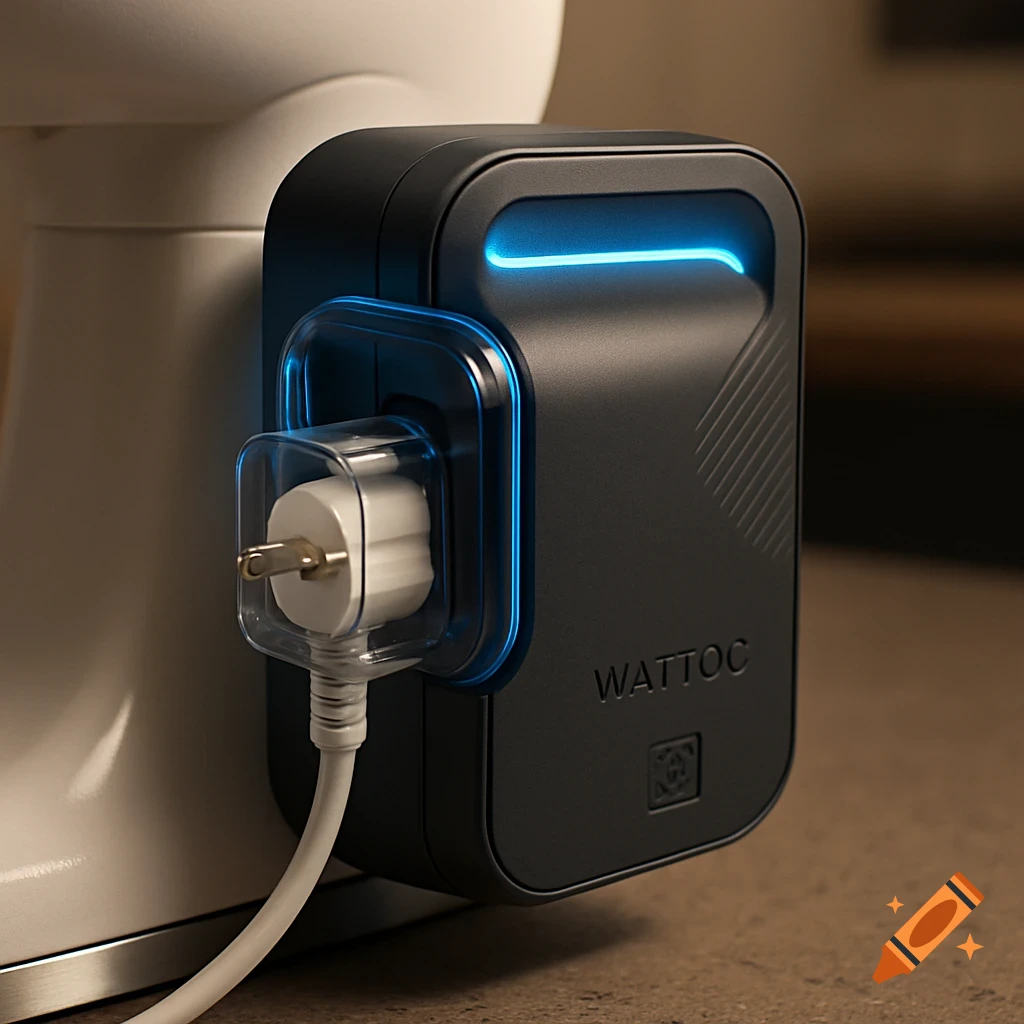 Close-up of a black and blue smart plug with a clear cover plugged into a white appliance, showing a power cord.