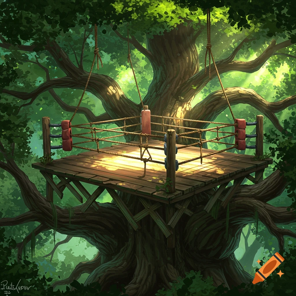 A boxing ring built on a wooden platform high up in a large tree, surrounded by green leaves.