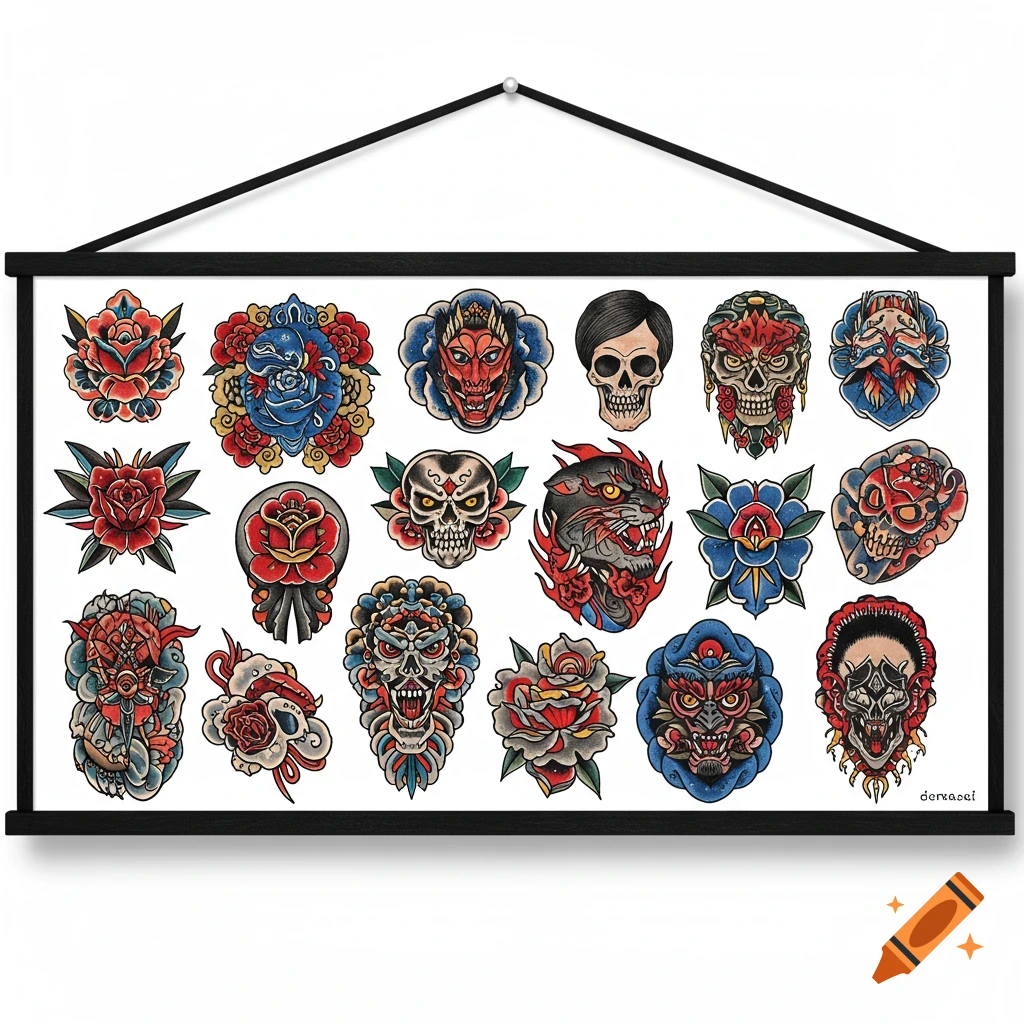 Collection of traditional tattoo designs featuring skulls, roses, and demons on a poster.