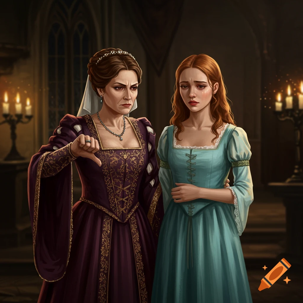 A painting shows two women in historical fantasy dresses; one gives a thumbs down while the other looks sad.