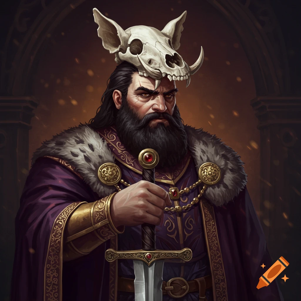 A fantasy king wearing a pig skull crown, holding a sword, in a purple fur-trimmed robe.