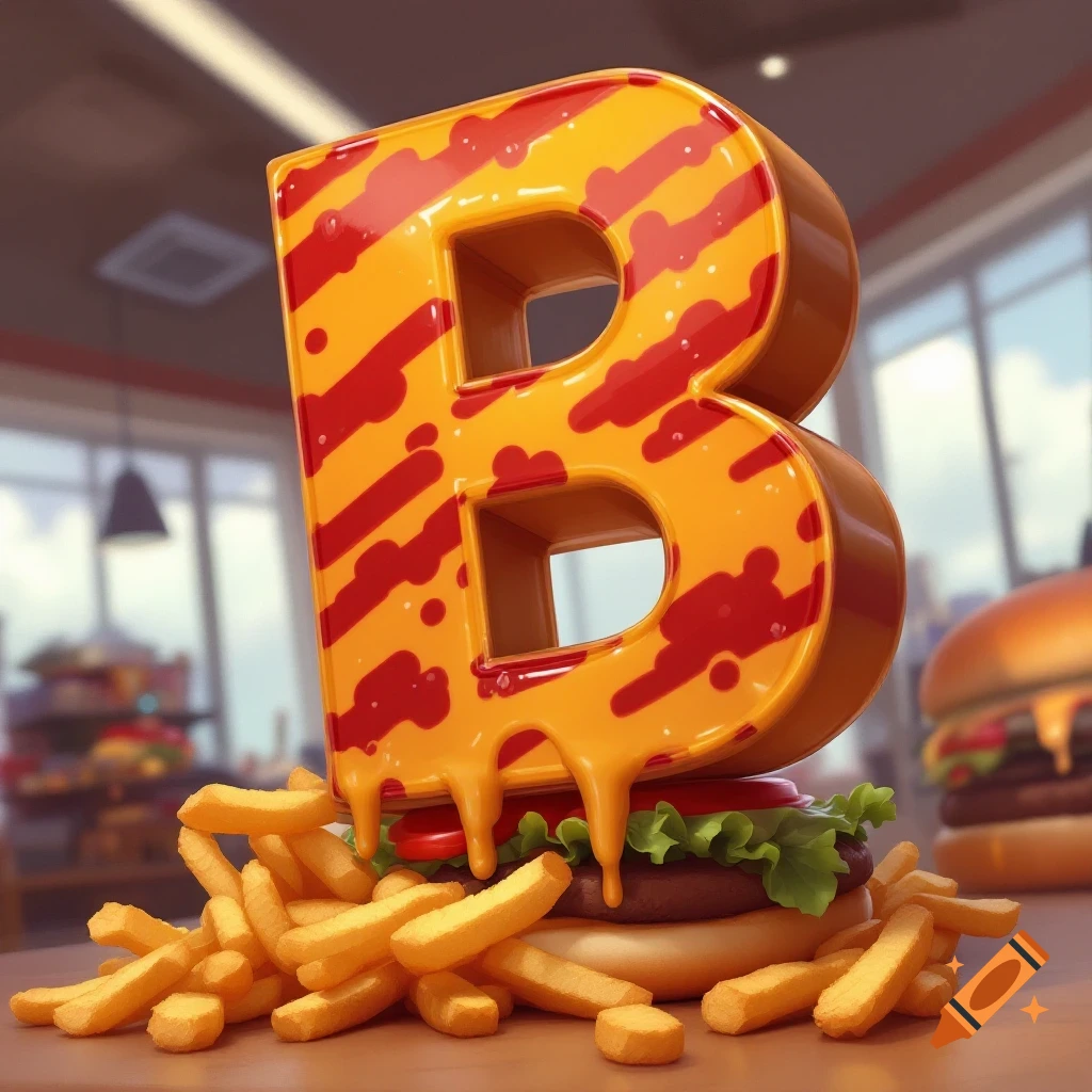 Giant letter B covered in cheese and ketchup sauce sits on a burger and fries in a restaurant.
