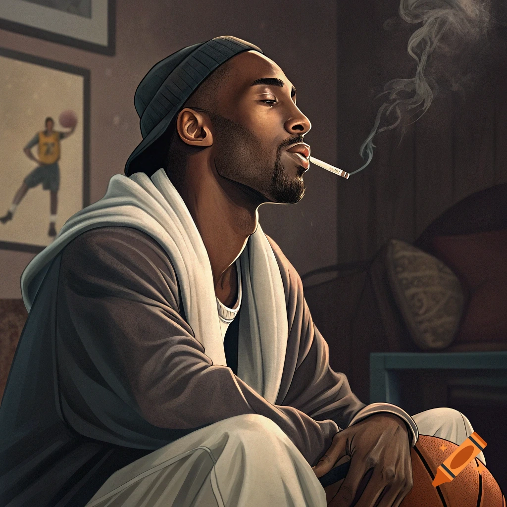 Illustration of a man resembling Kobe Bryant sitting, smoking a cigarette and holding a basketball.
