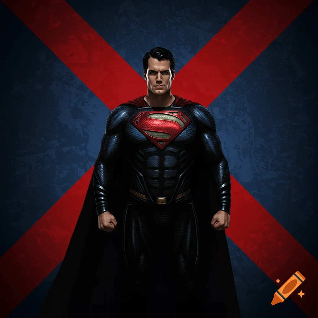 Superman in his dark suit and red cape against a red X background.