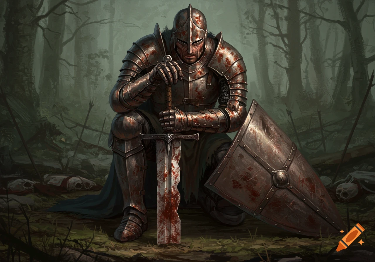 A kneeling knight in bloodied armor holds a zweihander sword in a dark forest with skulls and weapons scattered on the ground.