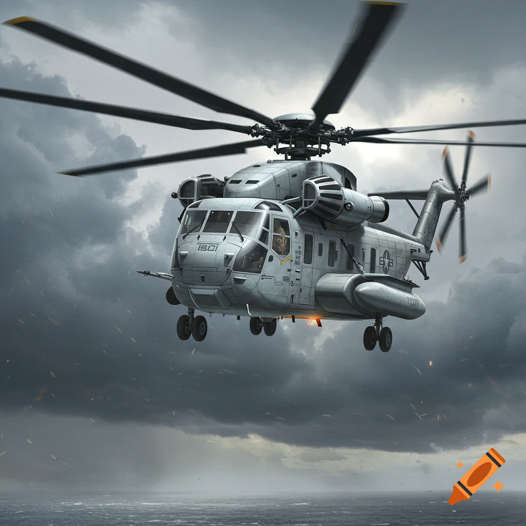 A large grey military helicopter is flying over a stormy sea under dark clouds.