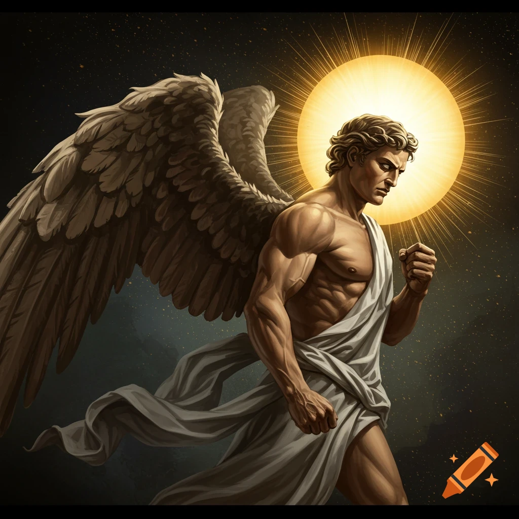 A strong angel figure with large wings and a sun-like halo, in a Renaissance style.