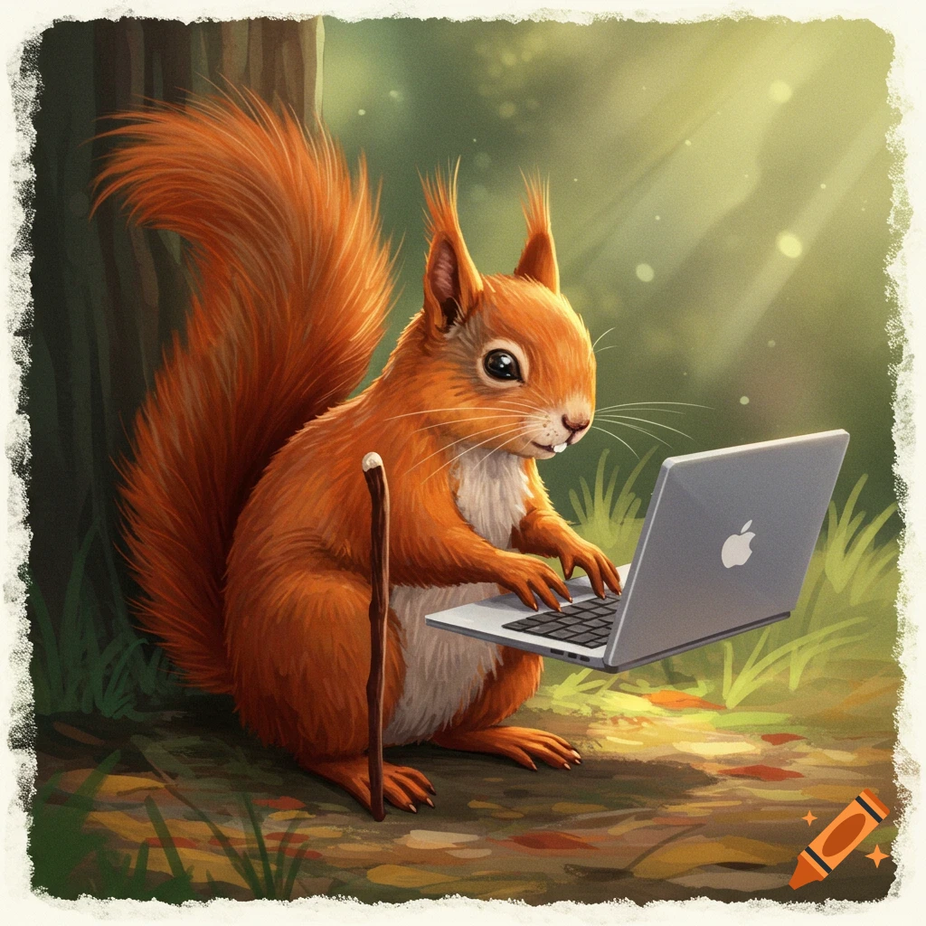 A red squirrel with a walking stick types on a laptop in a sunny forest.