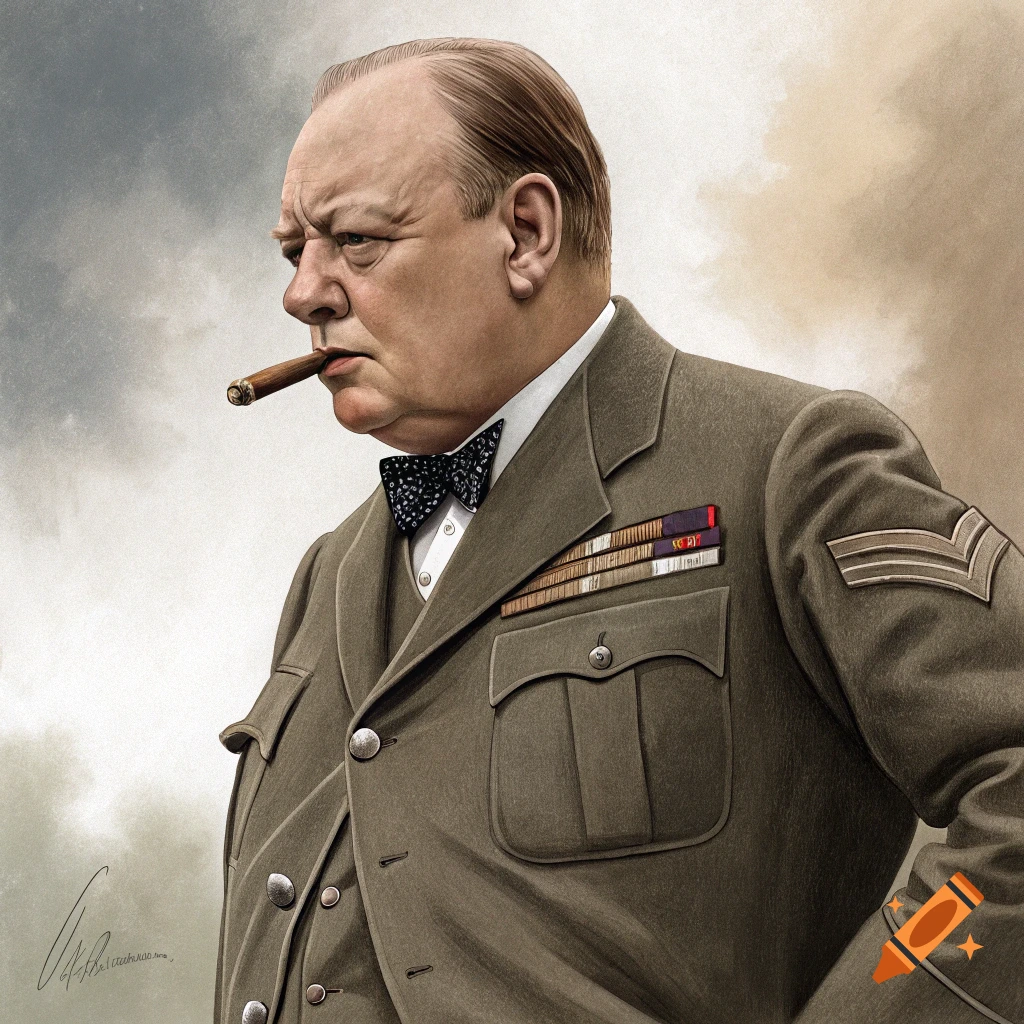 Caricature portrait of Winston Churchill in a military uniform, smoking a cigar.