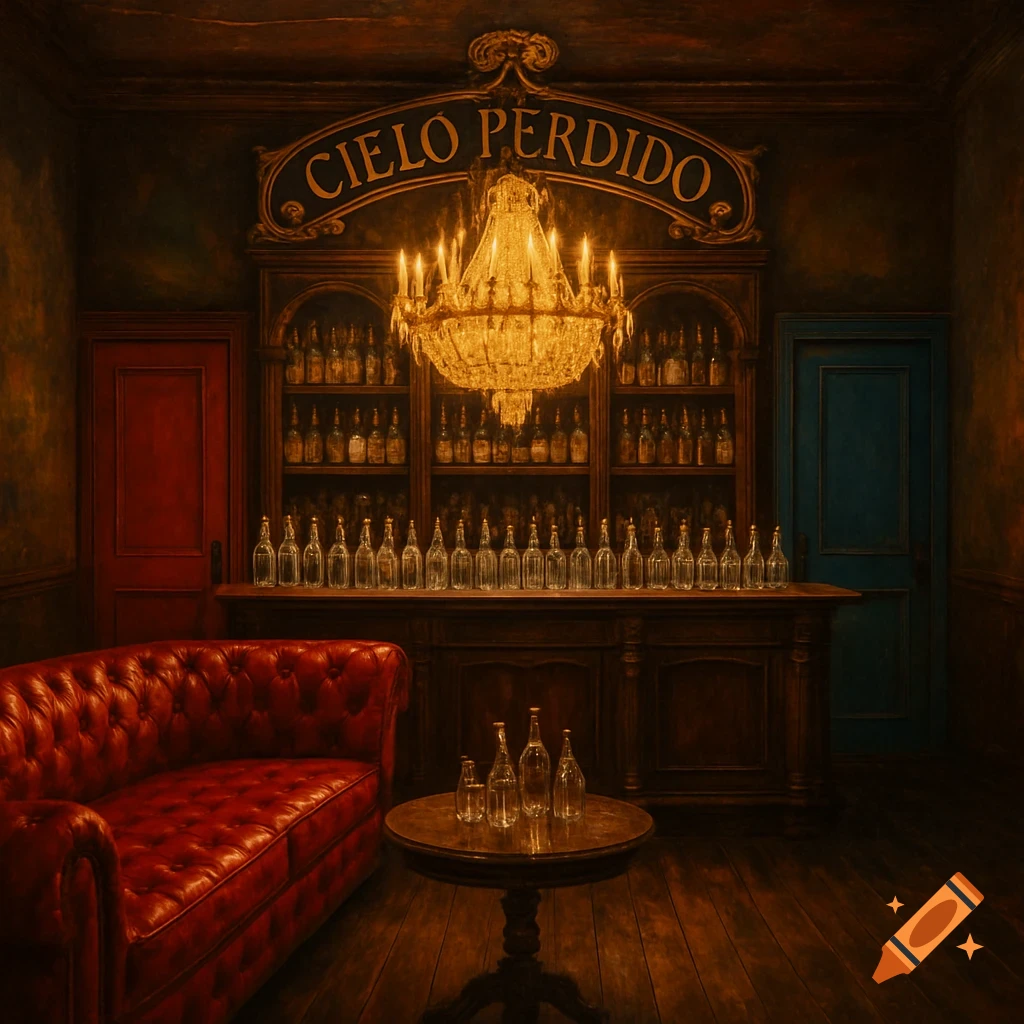 A vintage bar room with red sofa, bar, chandelier, bottles, and red and blue doors.