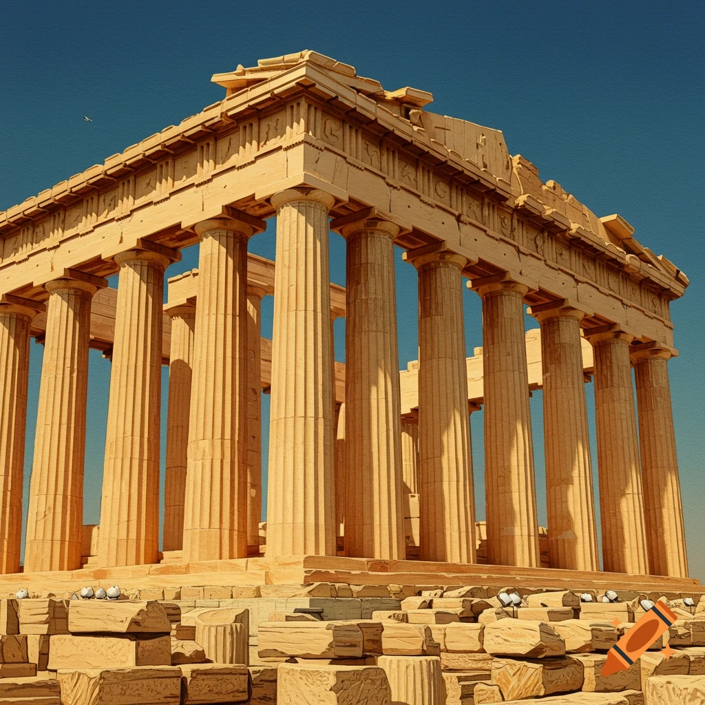 The ancient Parthenon temple with tall columns stands against a blue sky.