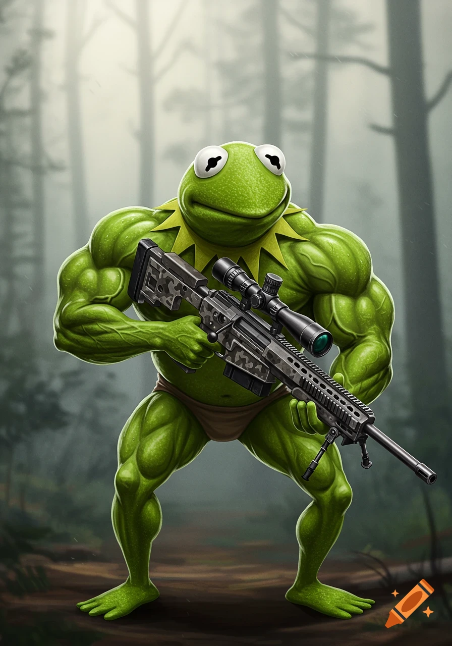 Muscular Kermit the Frog holding a sniper rifle in a forest.